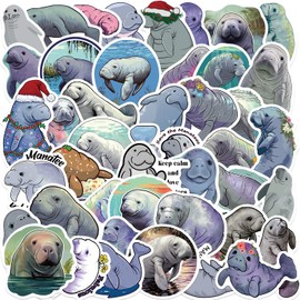 Cute Manatee Waterproof Stickers for Water Bottle, 50PCS Jaurney Kawaii Manatee Vinyl Stickers for Laptop, Skateboard, Ocean Animal Stickers for Kids,Teens, Adults, Party Supplies