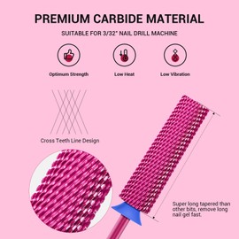 MelodySusie Super Long Tapered Nail Drill Bits, 3/32'' Carbide Tungsten Bits, Suitable for Manicure Pedicure Cuticle Gel Polishing, Professional Advanced Bits, Pink Blossom, Series Bit-X, Medium