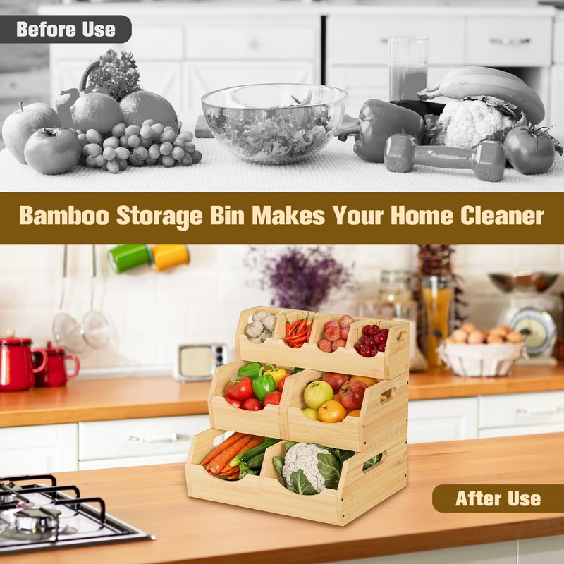 MTGSTOCL Upgraded 3 Tier Bamboo Pantry Storage Bins - Stackable