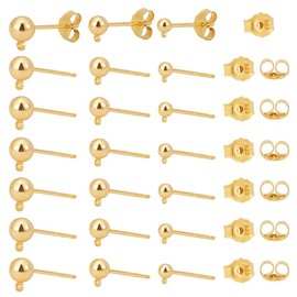 PH PandaHall 30 Sets 925 Sterling Silver Earring Posts 18K Gold Plated Earring Making Kit 3 Sizes Stud Earring Posts with Loop Round Ball Stud with 30pcs Ear Nut Backs for Earring Making