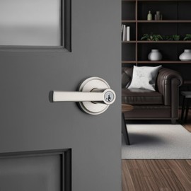 Kwikset Trafford Entry Door Handle with Lock and Key, Secure Keyed Reversible Lever Exterior, for Front Entrance and Bedrooms, Satin Nickel, Pick Resistant Smartkey Rekey Security and Microban