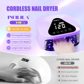 NXJ INFILILA Cordless Nail Lamp, 54W Rechargeable UV Nail Lamp for Gel Nails, Nail Dryer Gel Polish Light with Large LCD Display 4 Timer Modes Auto Sensor for Salon and Home