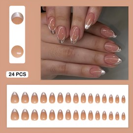 Press On Nails Silvery Medium Almond Fake Nails, Fashion French Tip Acrylic Full Cover False Nails Set, Natural Perfectly Reusable Stick On Nails Suitable for Women Girls