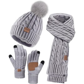 Winter Beanie Hat Scarf Gloves Set for Women, 3 count Pom Pom Hat Touchscreen Glove Long Neck Kint Scarf Christmas Gift - Colour: Oatmeal