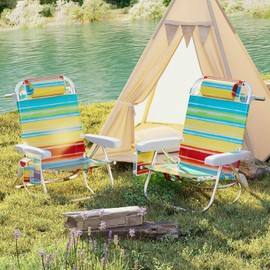 Giantex 2-Pack Backpack Beach Chair - Foldable Camping Chair with 5 Adjustable Position, Cup Holder, Storage Pockets, Straps, Towel Rack, Pillow, Lay Flat Lawn Chair for Patio Outdoor (2,Color Stripe)