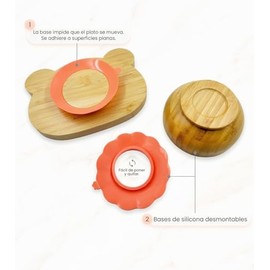 Set de Alimentación para Bebé, Vajilla para Bebé en Bambú y Silicona, Set con Platos, Cubiertos y Babero para Bebé (Oso)                              