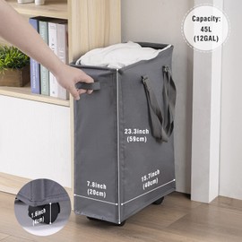 Slim Rolling Laundry Basket, Slim Laundry Hamper with Wheels and Adjustable Long Handles, 45L Small Laundry Baskets with Mesh Top, Narrow Dirty Clothes Hamper for Bedroom, Closet, and Bathroom - Grey