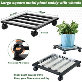 DEELF OUTLET 1 Packs 12 inches Large Metal Plant Caddy with PU Wheels Square Planter Dolly Pot Mover Rollers Wrought Iron Rolling Plant Stands Indoor Outdoor Plant Holder Coaster Trolley, Black