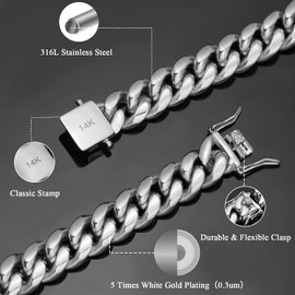 TRIPOD JEWELRY Men's Hip Hop Miami Cuban Link Chain or Bracelet - 14K or White Gold Plated Stainless Steel Cuban Link Choker Gold Chains Necklace 8mm,10mm,12mm,14mm,16mm (White Gold - 12mm, 24.00)