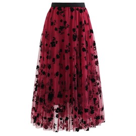 CHICWISH Women's Red 3D Posy Double-Layered Mesh Midi Skirt, Size L-XL