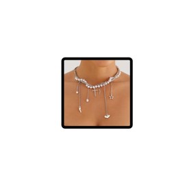 Carufin Pearl Star Choker Necklace for Women, Sparkling Star Pendant Chain, Tassel Choker, Cross Necklaces, Punk Layers Jewellery, Metal, No Gemstone
