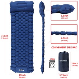 TurnWay Waterproof Lightweight Camping Sleeping Pad Foot Press Inflatable Pad Air Mattress with Pillow for Backpacking, Hiking, Camping, Traveling (Blue)