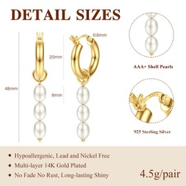 DOCHAIS Hoop Earrings Gold 925 Silver Earrings with Pearls Zircon Hypoallergenic Beads Hoop Earrings Golden Earrings Hoop Earrings Women Jewellery Gold, Sterling Silver