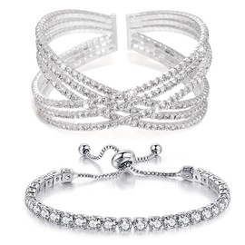 Wovanoo Rhinestone Cuff Bracelet for Women 2Pieces Multilayer Rhinestone Bracelet Sparkling Crystal Bridal Bracelet for Party Prom Wedding Silver 2