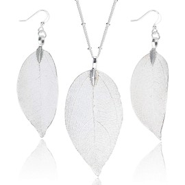 BOUTIQUELOVIN Silver Casual Necklaces Earrings Set for Women Dangle Leaf Necklaces Feather Beaded Statement Accessories Costume Jewelry