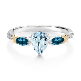 Gem Stone King 925 Silver 10K Yellow Gold Pear Shape Sky Blue Aquamarine London Blue Topaz and White Lab Grown Diamond Engagement Ring For Women (1.10 Cttw, Available in Size 5,6,7,8,9)