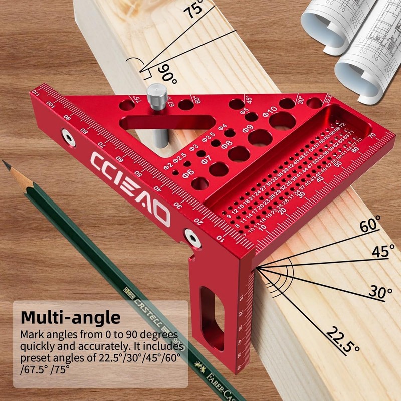 3D Carpenter Square with Degrees Scriber, 22.5-90 Degree Drawing Line