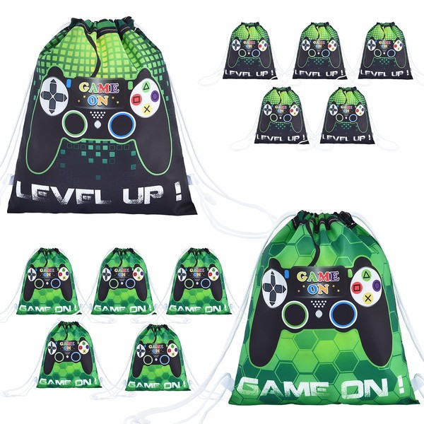 Video Game Drawstring Bag - 12 Pack 25.5 x 30.5cm Gaming Party Favor Gifts Bag for Teenage Boys Drawstring Backpack Pouches Wrap Goodie Bags Party Supplies for Birthday Swimming School Travel Gym