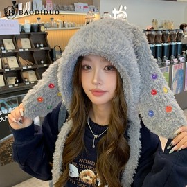 Autumn Winter Rabbit Balaclava with Colorful Buttons - One-Piece Style LF3468 Free Size/Free Size 6004-Gray 3ea