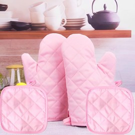 DWUENT Pink Oven Gloves & Pot Holders: Heat Resistant Mitts Set of 4 (2 Gloves + 2 Pads) - Double-Layered Quilted Polyester, Kitchen Accessories for Baking & Cooking