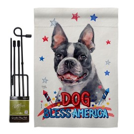 Breeze Decor Patriotic Boston Terrier Garden Flag Set with Stand Dog Puppy Spoiled Paw Canine Fur Pet Nature Farm Animal Creature House Banner Small Yard Gift Double-Sided, Made in USA