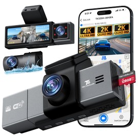 TECXERLLON Dash Cam, 4K Triple Dash Camera with App Control, 170°/150°/140° Wide Angle, ADAS Assist, No-Light Night Vision, GPS, G-Sensor, WDR, 24H Parking Monitor, 128GB SD Card Included