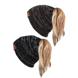 Soul Young Ponytail Messy Bun Beanie Tail Knit Hole Soft Stretch Cable Winter Hat for Women(One Size,2 Pack - 3 Tone Black&3 Tone Grey)