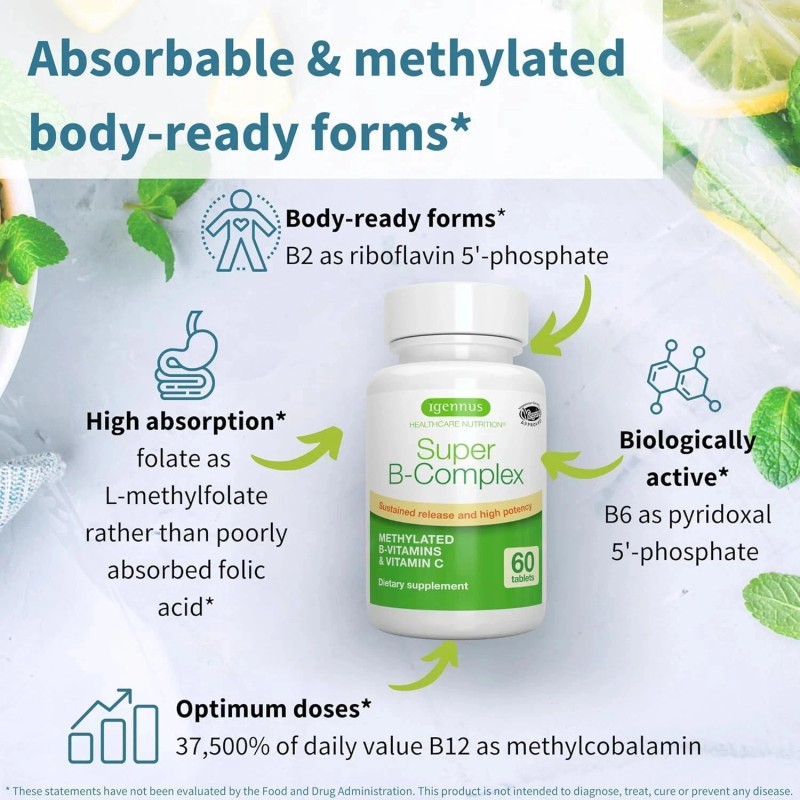 Igennus Super B-Complex Methylated B-Vitamins with Methylfolate & B12, 180