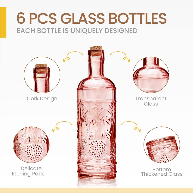 BULK PARADISE Assorted Reddish Glass Bottles with Corks, 6 Pack,