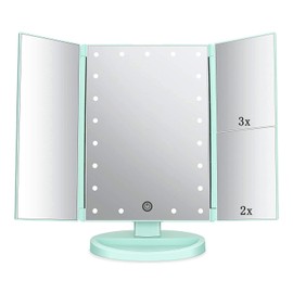 Flymiro Tri-fold Lighted Vanity Makeup Mirror with 3x/2x/1x Magnification, 21Leds Light and Touch Screen,180 Degree Free Rotation Countertop Cosmetic Mirror,Travel Makeup Mirror (Green)