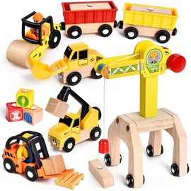 BuzzoXerex Construction Site Vehicles Wooden Toy Children, Construction Site Children's Set 19 Pieces Construction Site Toy with Gantry Crane, Forklift, Excavator, Road Roller, Crane for 3 4 5 6 Years