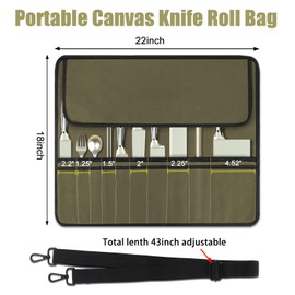 QIQU Army Green Chef Knife Bag With 10 Slots Cutlery Knives Holders Protectors, Home Kitchen Travel Cooking Tools, Portable Canvas Knife Roll Storage Bag Chef Case for Camping or Working