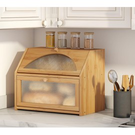 Vriccc Large Bread Box, Bamboo Wood Bread Box for Kitchen Counter, Double-layer Bread Storage Bin, Acrylic glass with Diamond Patterns