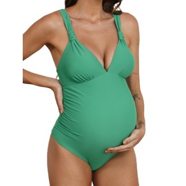 CUPSHE Women's One Piece Swimsuit Maternity Bathing Suit Pregnancy V Neck Knot Straps Ruched Crisscross Back Tie, L Forest Green