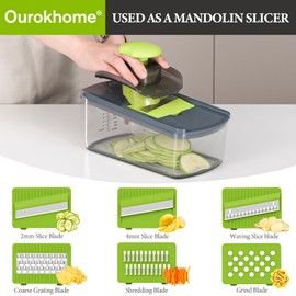 Ourokhome Mandolin Slicer with Handheld Spiralizer, Hand Safe Vegetable Shredder with 6 Mandoline Blades, Veggie Waffle Cutter for Potato, Carrot, Zucchini, Essential Kitchen Gadgets (10 in 1, Gray)