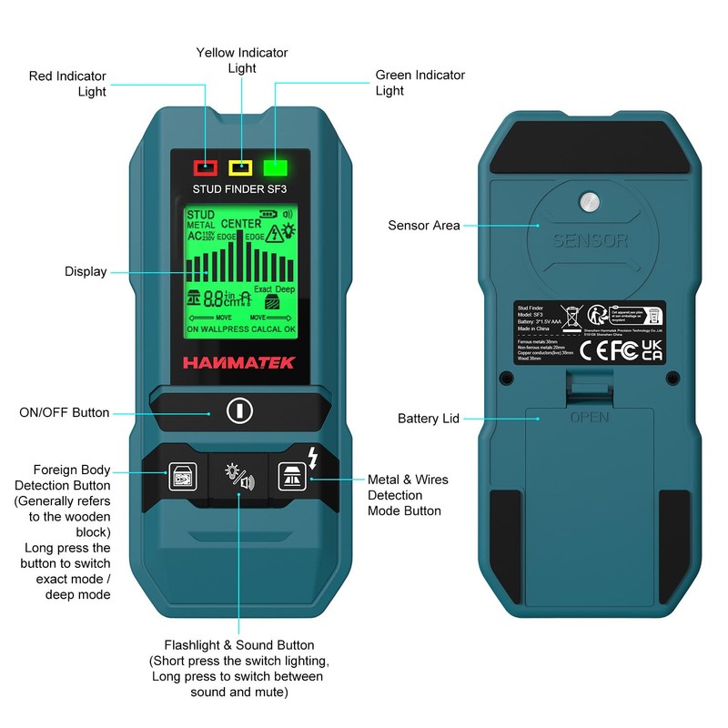 HANMATEK SF3 6-in-1 Stud Finder, High-Precision Wall Scanner for Wood,