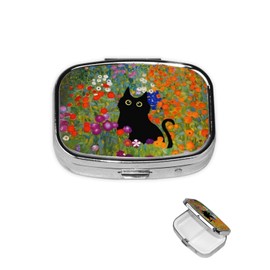 KWSAAHU Metal 2 Compartment Square Pill Organizer Sealed Travel Pill Container, Mini Size Pill Box for Pocket Wallets Two Times a Day Compact Pill Case for Children, Men and Woman - Cute Flower Cat
