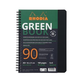 Rhodia Rhodiactive Greenbook 119913C Spiral Notebook, Squared, DIN A5+, 16 x 21 cm, 80 Sheets Micro-Perforated, 4-Hole Punched, 100% Recycled Paper, 90, Black, Pack of 1