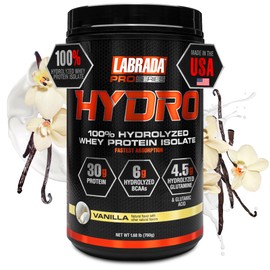 LABRADA Hydro 100% Pure Hydrolyzed Whey Protein Isolate Powder, Lactose Free, 6g BCAA’s, 4.5g Glutamine, Fastest Digesting Whey Available, Instant Mixing, Delicious Taste 20 Servings (Vanilla)