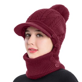 Rayson Winter Thickened Lining Hat for Women Thermal Balaclava Hood Scarf with Visor Knitted Winter Caps for Women with Pom Pom(Burgundy,One Size)