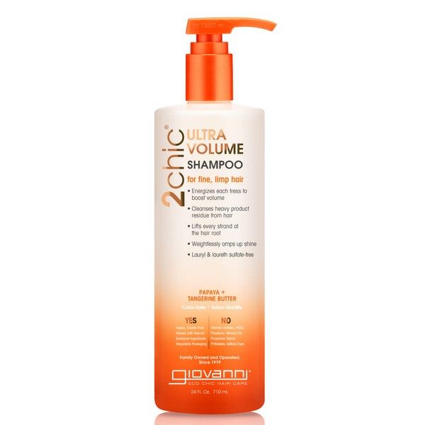 GIOVANNI 2chic Ultra-Volume Shampoo - Daily Volumizing Formula with Papaya & Tangerine Butter, Promotes Weightless Control for Fine Limp Thin Hair, No Parabens, Color Safe - 24 oz