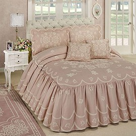 Touch of Class Romantic Floral Primrose Oversized Grande Dusty Rose Flounce Style Bedspread Set - Queen Size - Pink - Vintage Cottage Bedspreads - Victorian Aesthetic - 24 Inch Drop - Machine Washable