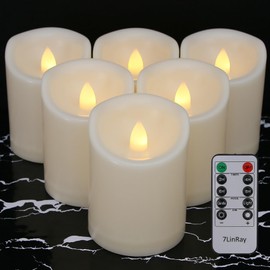 7LinRay Battery Operated Flickering Flameless Candles with Remote and Timers, 1000 Hours Waterproof Outdoor Indoor LED Pillar Flameless Candles,Ivory Plastic, D3 X H4, Set of 6