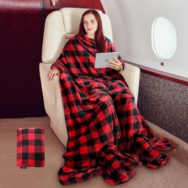 Tirrinia Travel Blanket Pillow - Wearable Airplane Blanket with Feet Pockets for Long Flights, Airplane Accessories Blanket Robe for Women and Men, Gift for Her