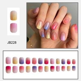 Short Press on Nails French Tip Fake Nails Square Shape Glue on Nails Gradient Colorful Acrylic Nails Cute Full Cover False Nails Glossy Stick on Nails Rainbow Artificial Nails for Women Girls