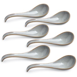 LYEOBOH Ceramic Asian Soup Spoons Set of 6 with Long Handle for Kitchen, Restaurant, Japanese Ramen Spoons with Deep Hook Design, Dishwasher & Microwave Safe, Gray
