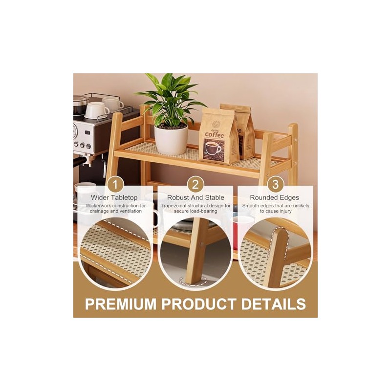Cup Rack 2-Tier Bamboo with Rattan Look, Space-Saving Cup Holder,