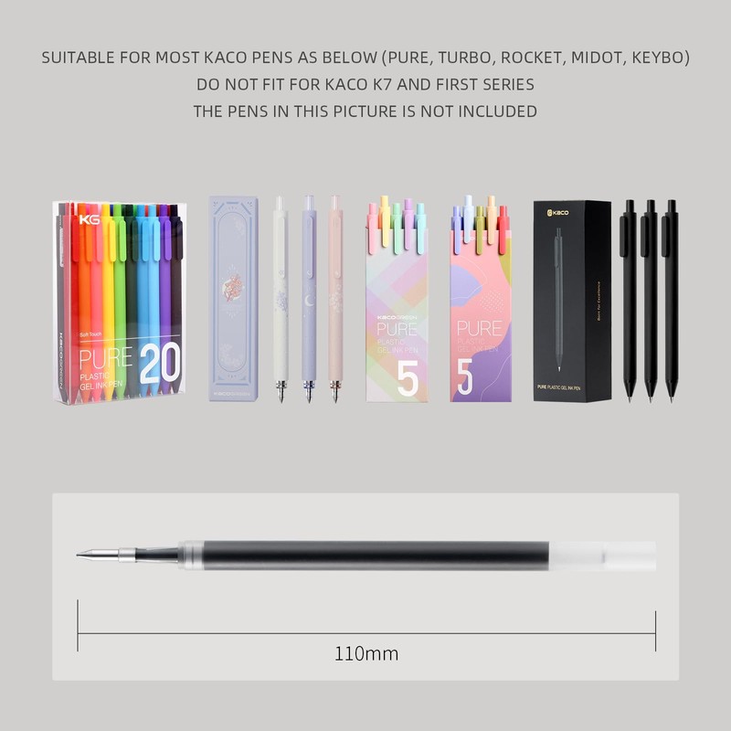 Gel Pens Refill for KACO Pens Asian Standard, Black Ink,