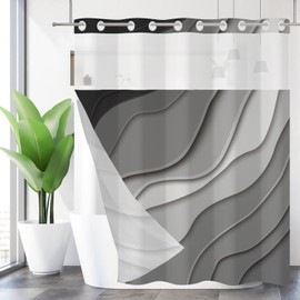 Caheansi No Hook Shower Curtain with Snap in Liner, Hotel Style Black Grey Ombre Aqua Beach Waves Ocean Abstract Shower Curtain Waterpoof Washable with See Through Top Window,71"x74"