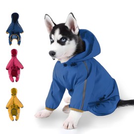 TETEGDCX Impermeable para Perros Grandes, con Capucha y Rayas Reflectantes, Ajustable, Resistente al Agua, Peso Ligero (Azul)